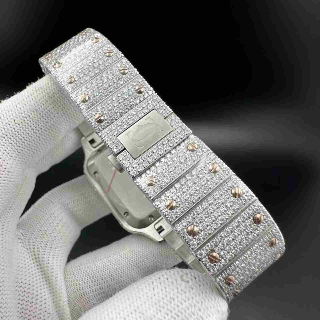 Santos moissanite bustdown diamonds 2tone rose gold case Arabic rose gold dial