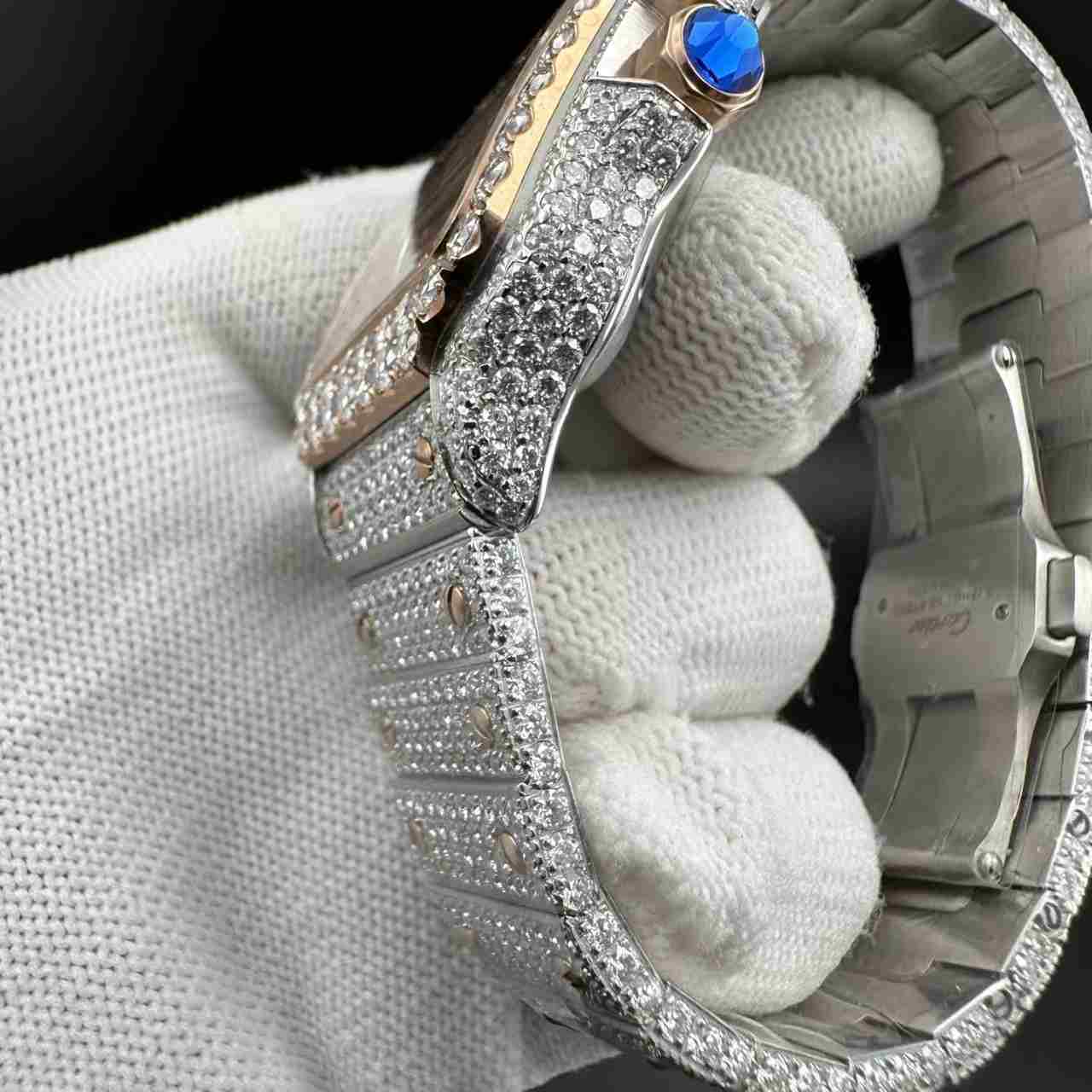 Santos moissanite bustdown diamonds 2tone rose gold case Arabic rose gold dial