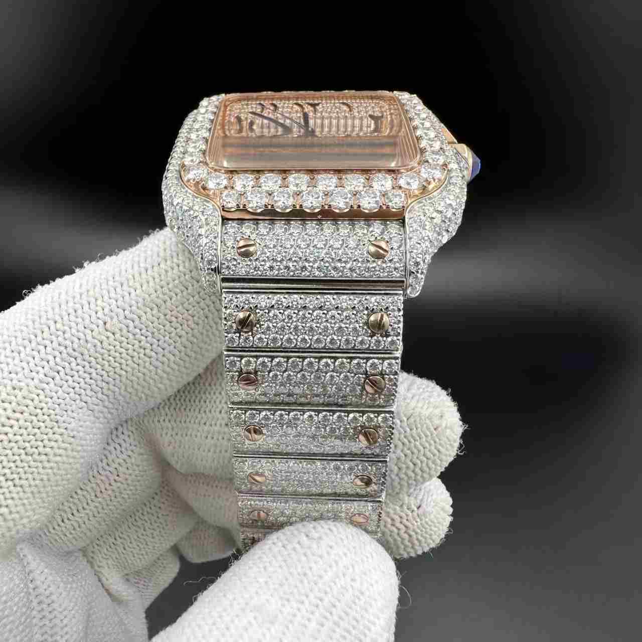 Santos moissanite bustdown diamonds 2tone rose gold case Arabic rose gold dial