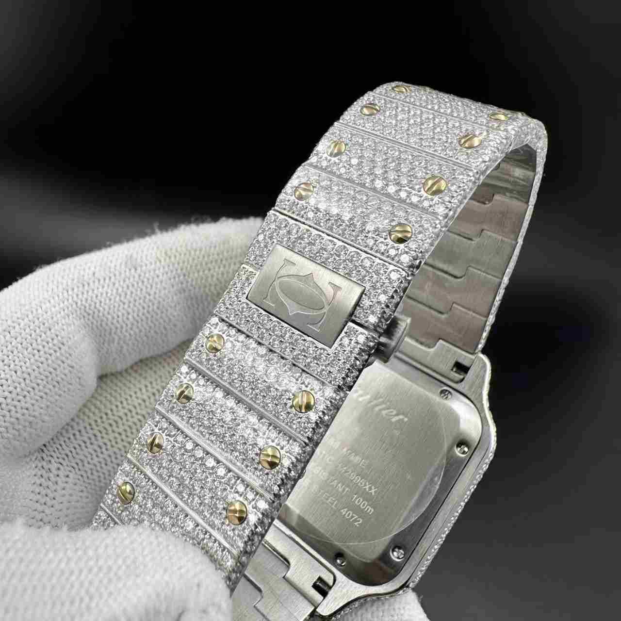 Santos Moissanite bustdown diamonds yellow gold 2tone case gold Roman dial