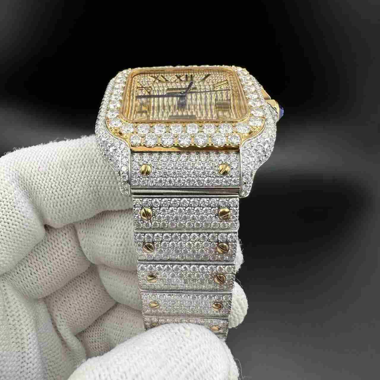 Santos Moissanite bustdown diamonds yellow gold 2tone case gold Roman dial