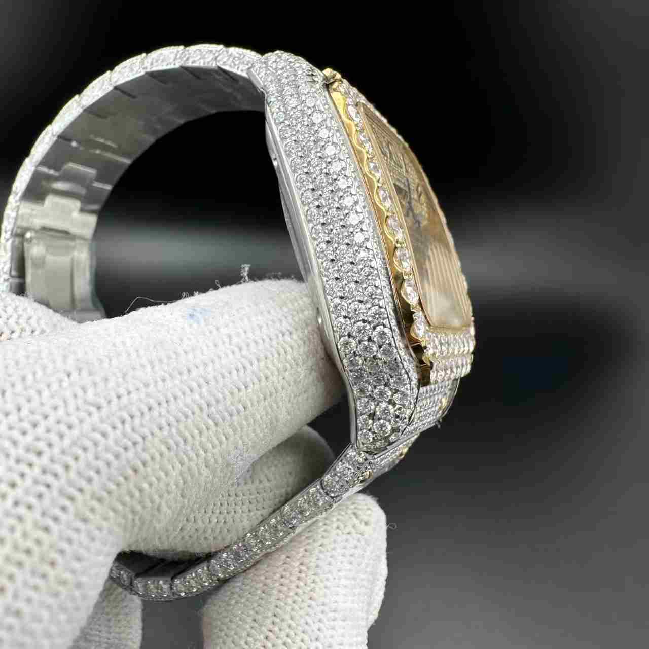 Santos Moissanite bustdown diamonds yellow gold 2tone case gold Roman dial