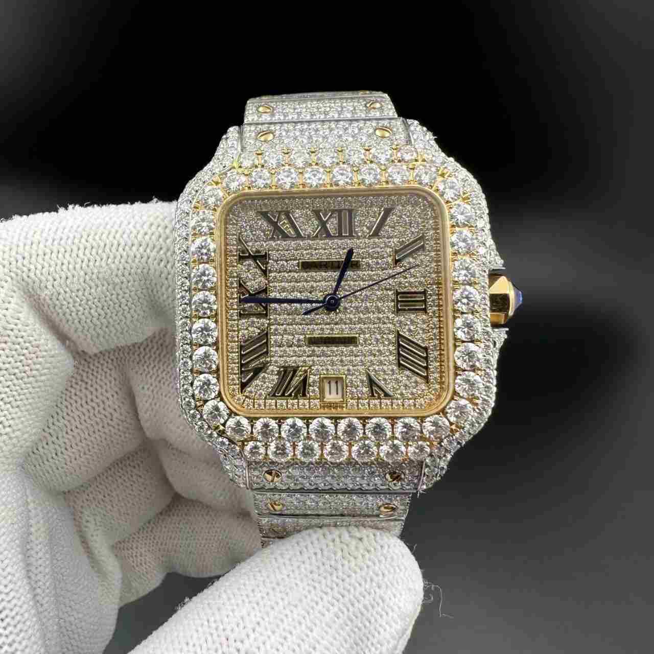 Santos Moissanite bustdown diamonds yellow gold 2tone case gold Roman dial