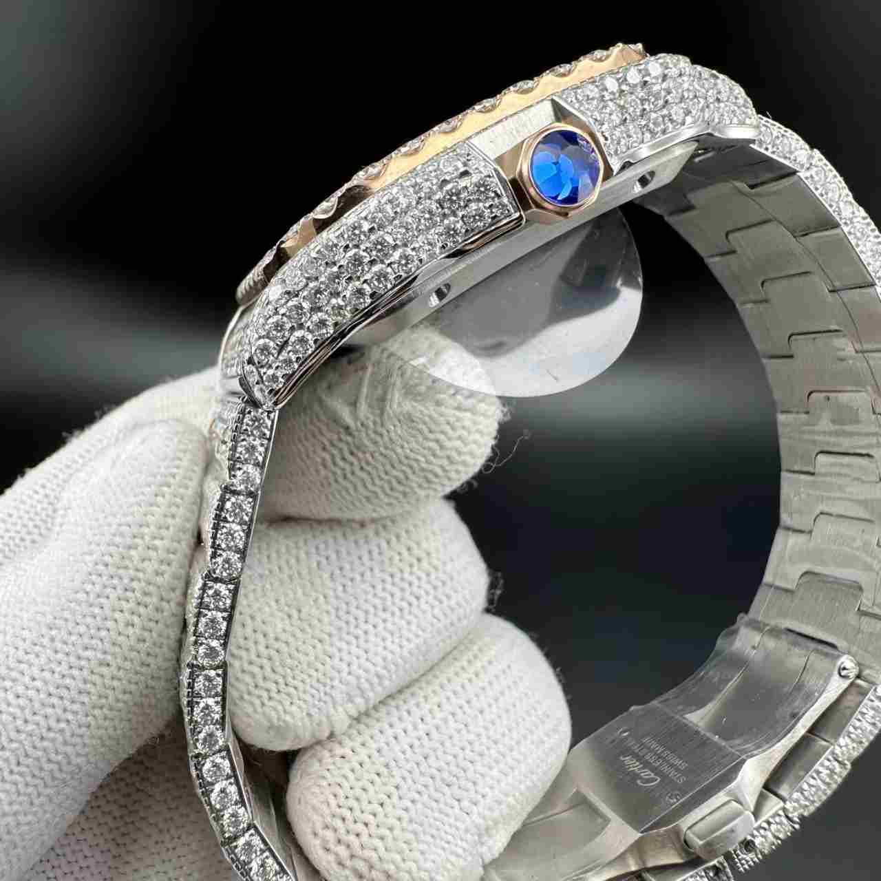 Santos Moissanite Bustdown diamonds 2tone rose gold Roman numbers 8215 automatic