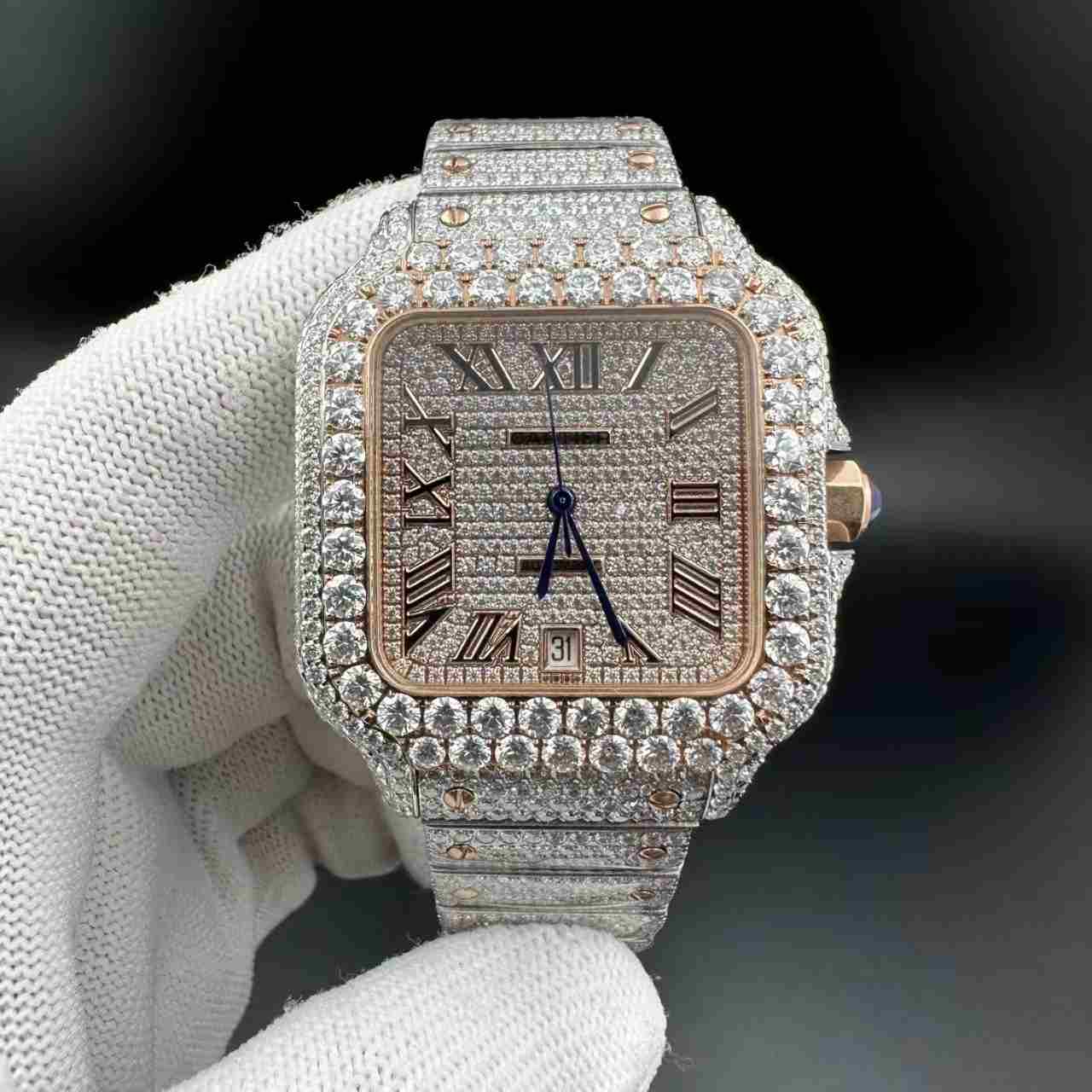 Santos Moissanite Bustdown diamonds 2tone rose gold Roman numbers 8215 automatic