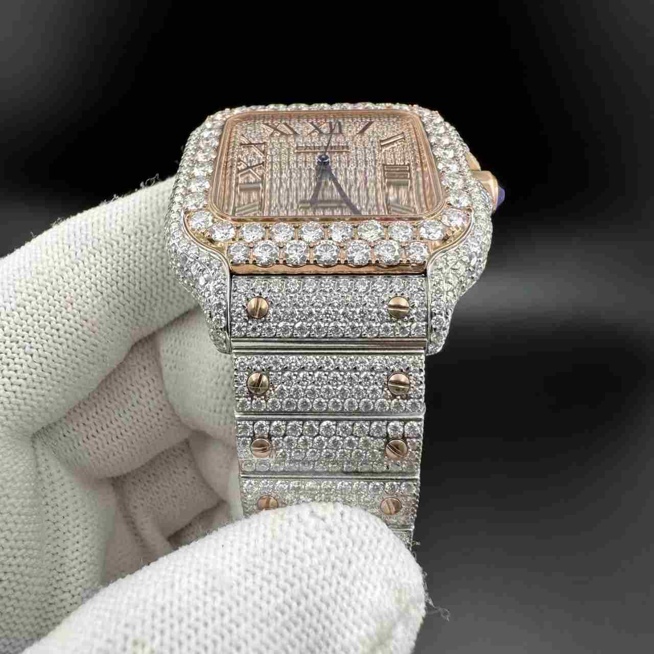 Santos Moissanite Bustdown diamonds 2tone rose gold Roman numbers 8215 automatic
