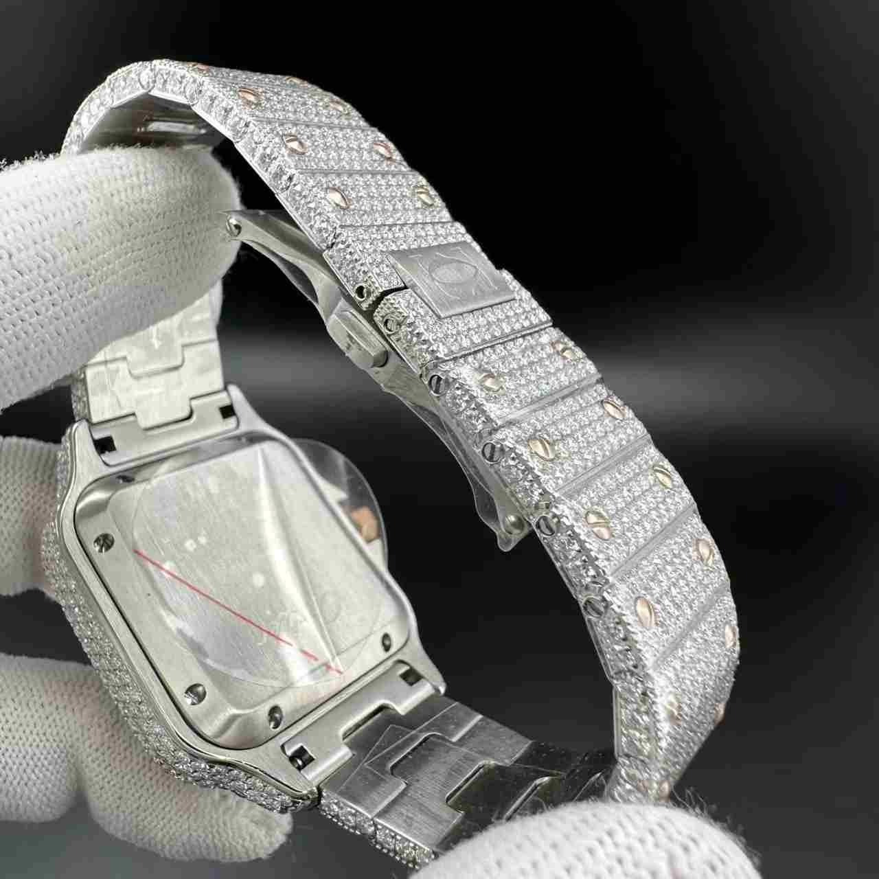 Santos Moissanite Bustdown diamonds 2tone rose gold Roman numbers 8215 automatic