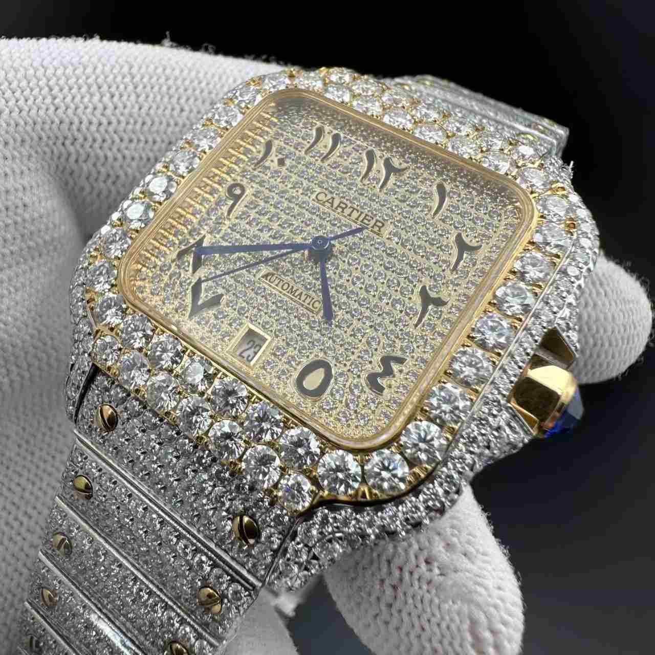 Santos Moissanite Bustdown diamonds 2tone yellow gold Arabic numerals