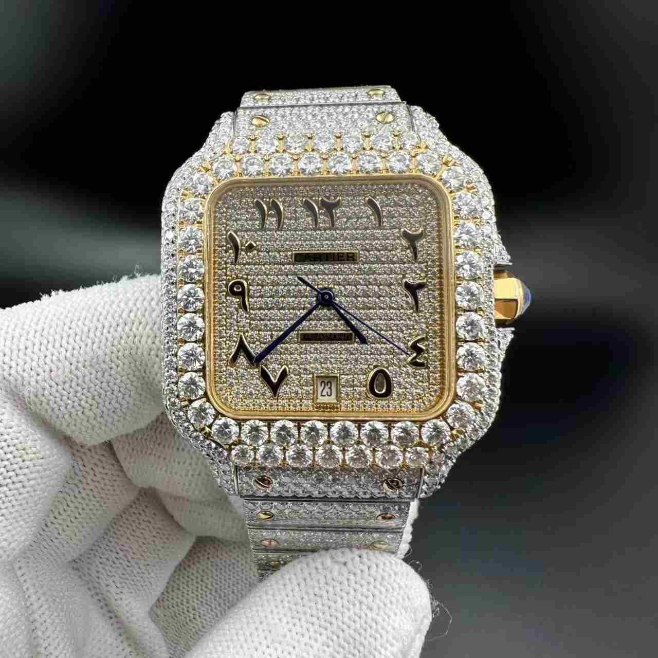 Santos Moissanite Bustdown diamonds 2tone yellow gold Arabic numerals