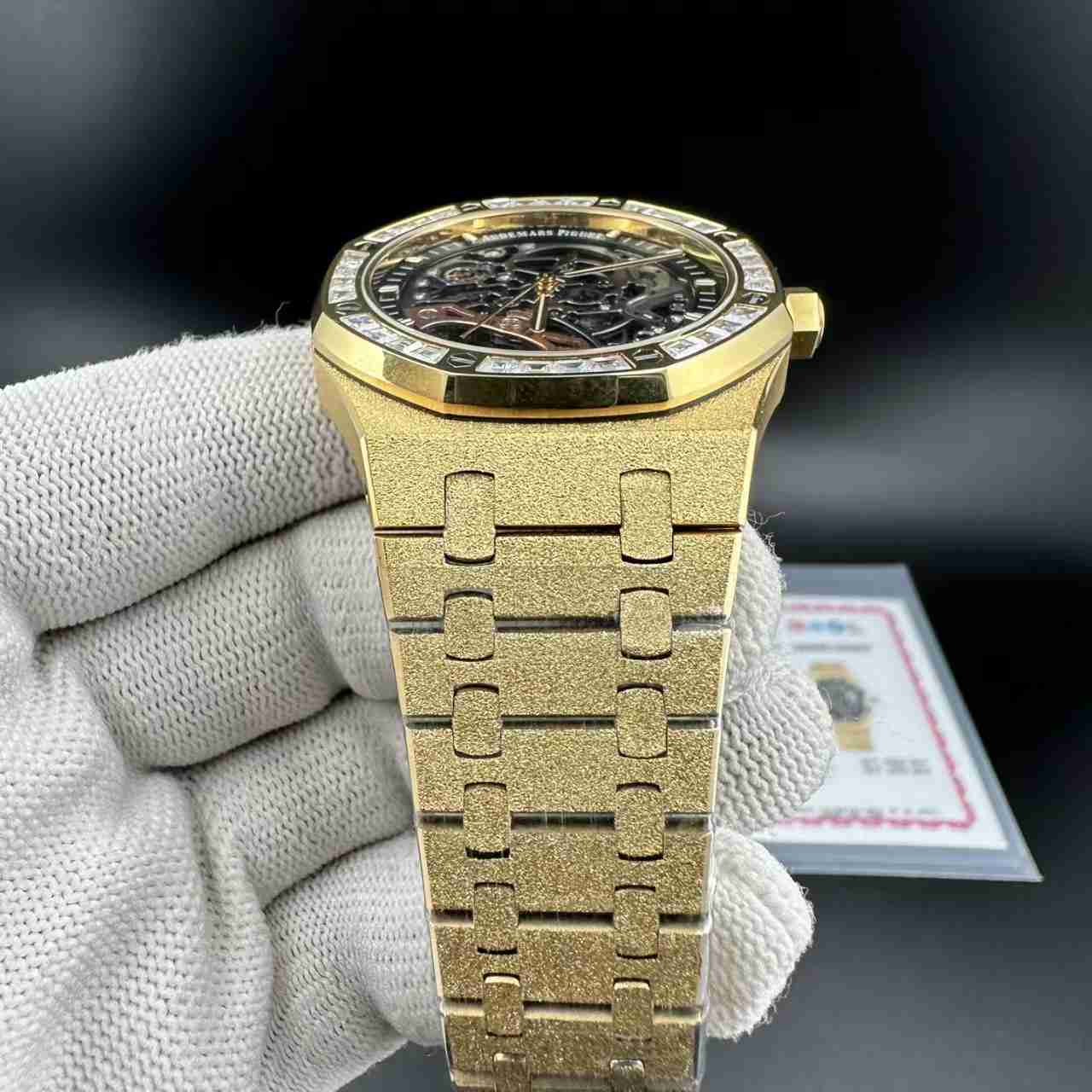 AP GR factory frosted yellow gold case skeleton dial baguette Moissanite diamonds bezel customized. F21+22 900$