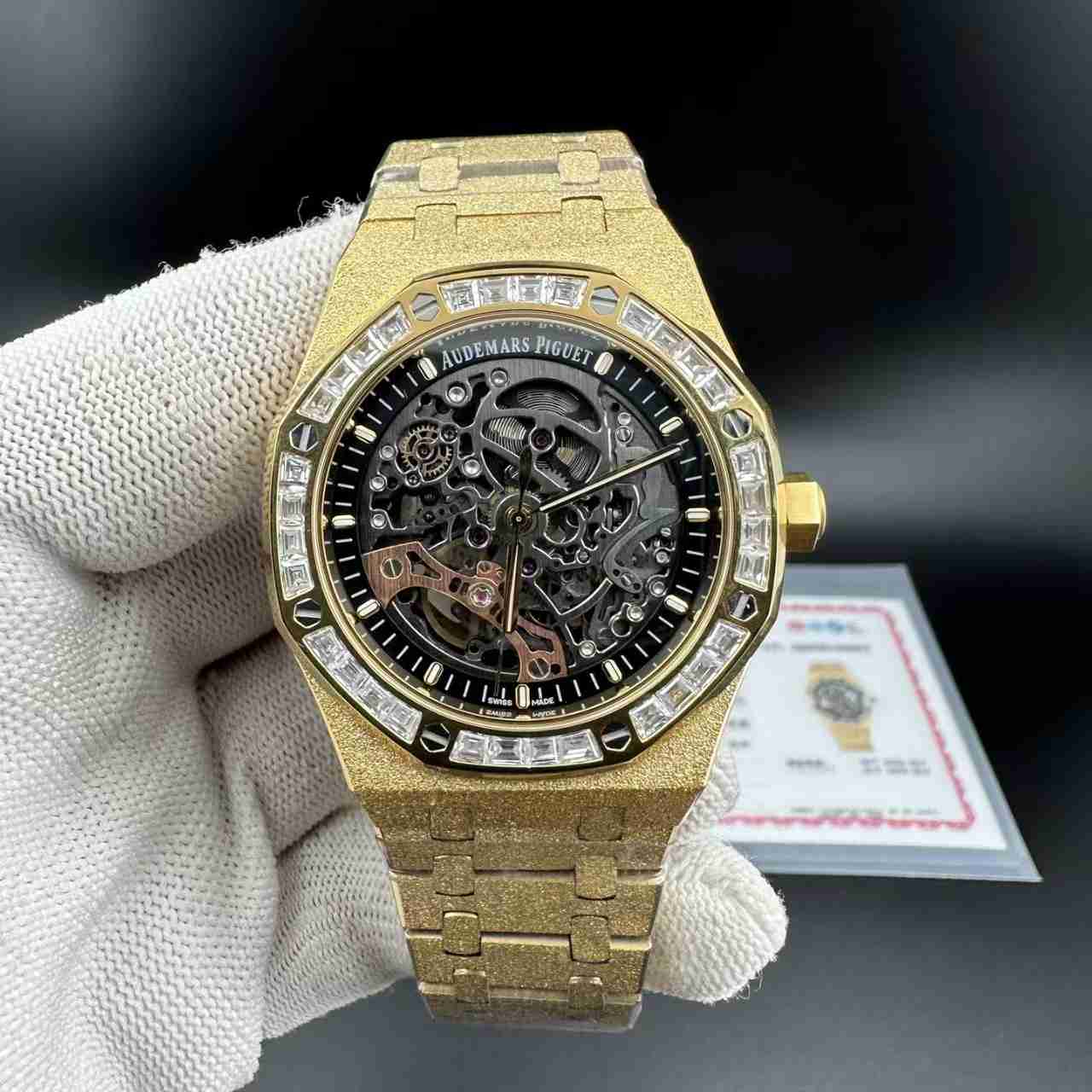 AP GR factory frosted yellow gold case skeleton dial baguette Moissanite diamonds bezel customized. F21+22 900$